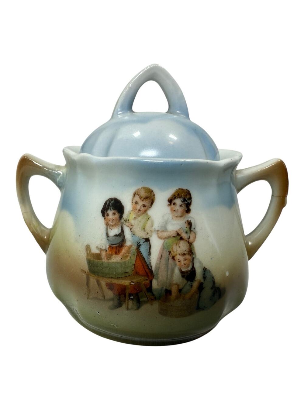Antique Germany 214 Porcelain Sugar Bowl w/ Lid Children Scene Double Handle